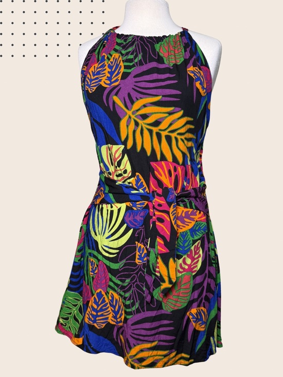La Mer Luxe Other - La Mer Luxe Black & Neon Tropical Halter Dress Leaf Print Tie Waist Small